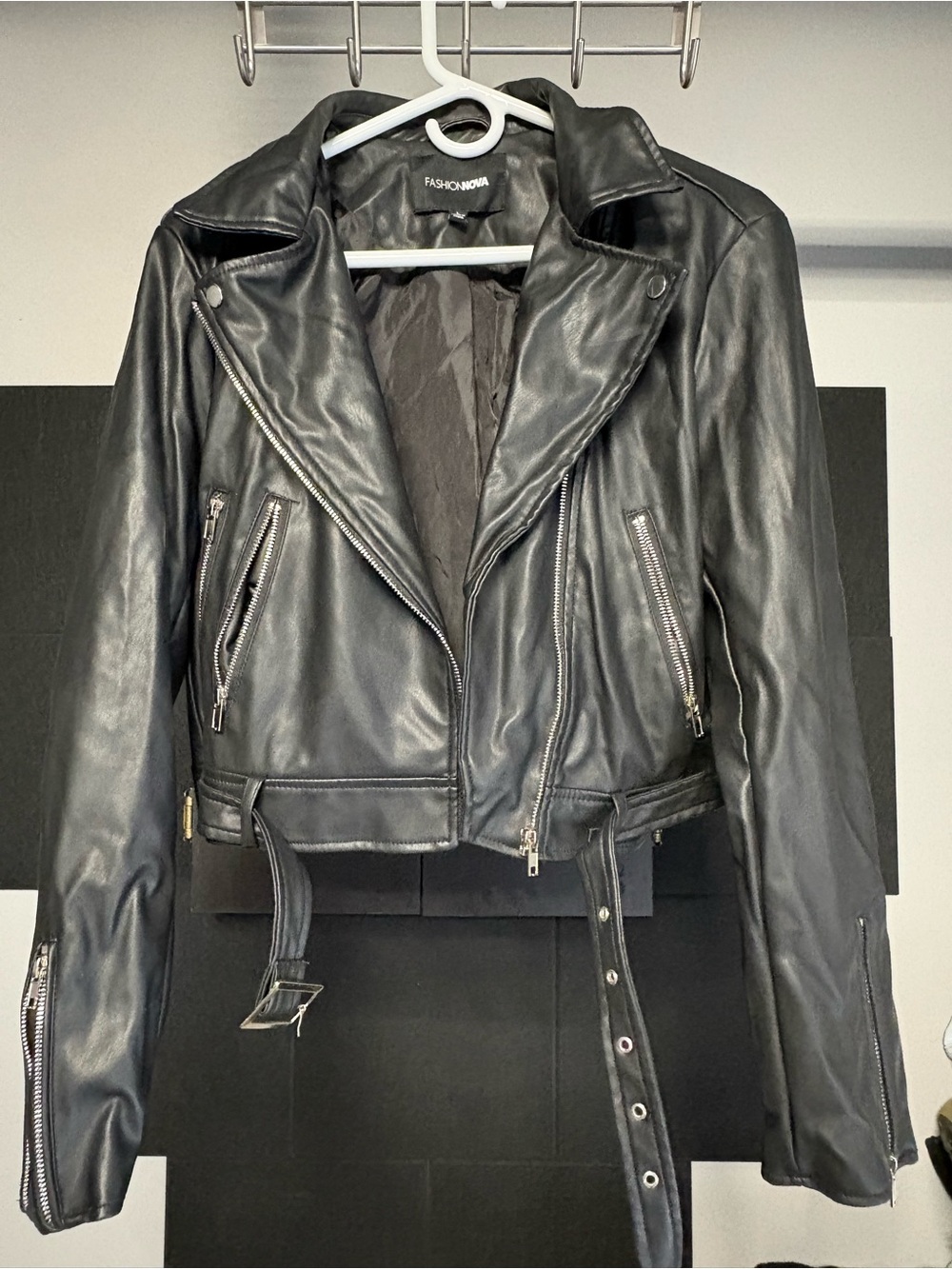 Fashion Nova Black Faux Leather Moto Jacket with Belt